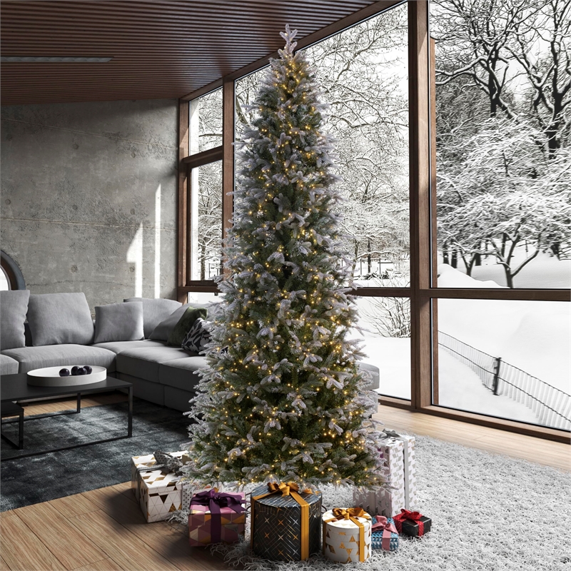 Vickerman 9' Frosted Douglas Fir Artificial Slim Tree. Warm White LED Lights