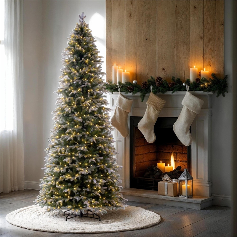 Vickerman 10' Frosted Douglas Fir Artificial Slim Tree. Warm White LED Lights