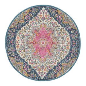 homeroots 4' round medallion fabric area rug in blue/pink & multi-color
