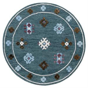 5' round blue bordered motif area rug