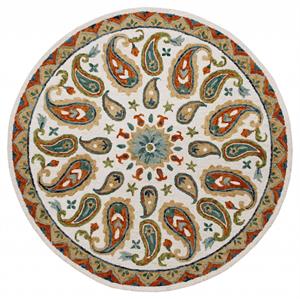 7' round orange and white paisley area rug