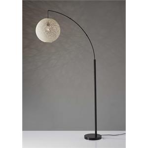 floor lamp with bronze metal arc and groovy rattan string ball shade