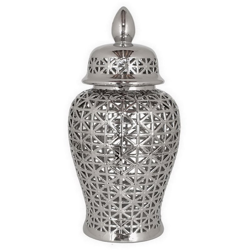 Plutus Modern Pierced Ceramic Temple Jar in Silver - PBTH93517