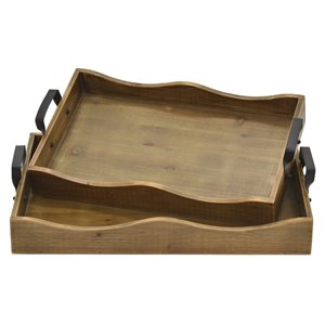 Plutus 2 Piece Modern Wood Tray with Handle Set in Brown