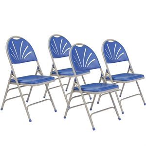 NPS 1100 Series 34.5&quot Deluxe Fan Back Metal Folding Chair in Blue (Set of 4)