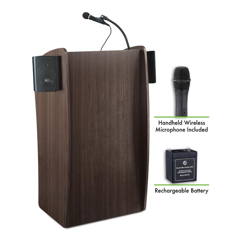 Oklahoma Sound Vision Modern Wood Lectern with Handheld Mic in Ribbonwood Brown