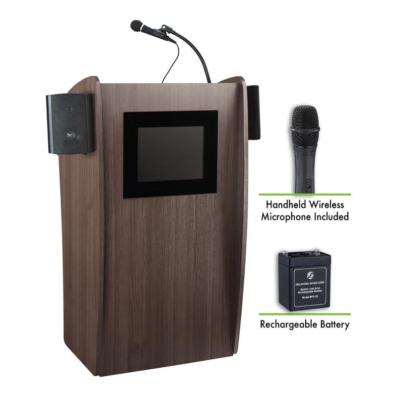 Oklahoma Sound Vision Wood Lectern with Wireless Handheld Mic in Brown