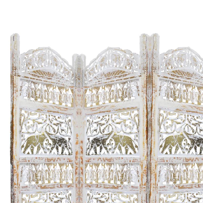 Classic 4 Panel Mango Wood Room Divider with Elephant Carvings in Gold and White