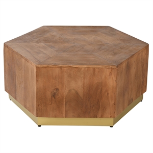 hexagonal acacia wood block accent coffee table with textured detail in brown