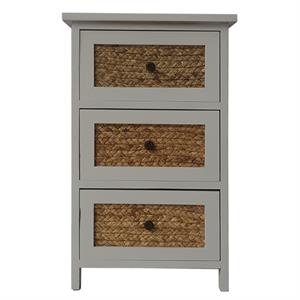 3 drawer wooden accent cabinet with corn husk weave front in white and brown