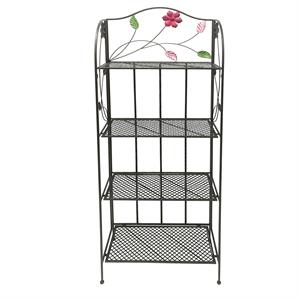 four tier metal foldable bakers rack with flower motifs in black