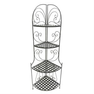 foldable metal corner bakers rack with grid pattern shelves in black