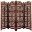 Four Panel Wooden Room Divider with Hand Carved Details in Antique Brown