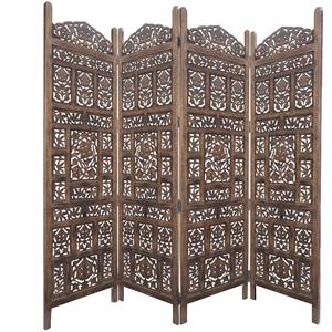 classic 4 panel mango wood screen with intricate carvings in brown