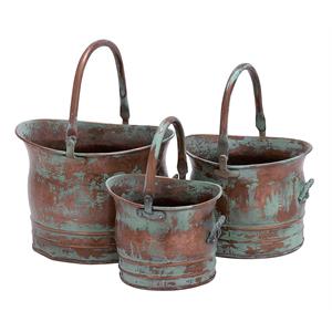 Green Tinged Metal Bucket Planter With Handles with Set of 3