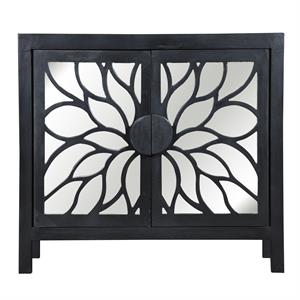 32 inch rustic accent storage cabinet with flower design mirrored front in black