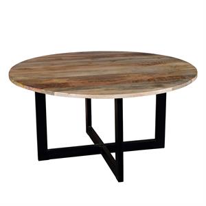 59 inches round mango wood top dining table with metal legs in brown and black