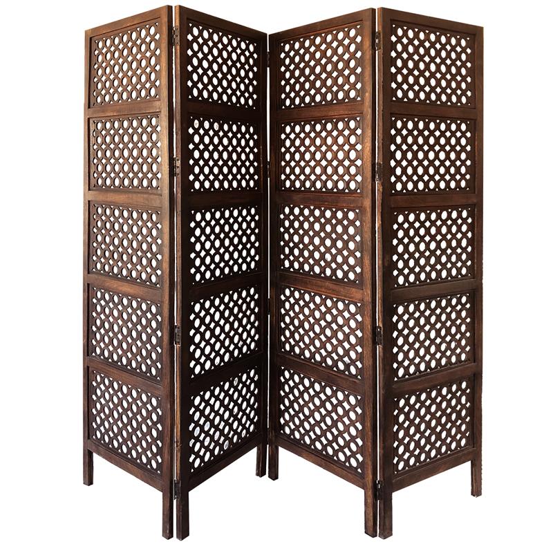 Decorative Four Panel Mango Wood Hinged Room Divider in Brown