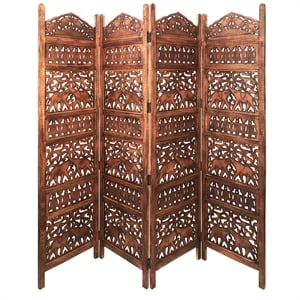 wooden carved 4 panel room divider screen with intricate cutout in brown