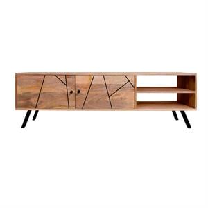 2 tone wooden tv media stand with 2 door compartments in black and brown