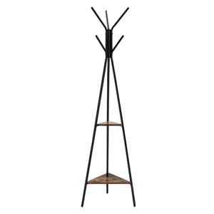 iron framed coat rack stand with six hooks and two wooden shelf in black & brown