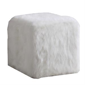 faux fur upholstered wooden ottoman in cube shape in white
