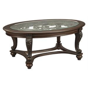 traditional wooden oval cocktail table with glass top and bun feet in brown