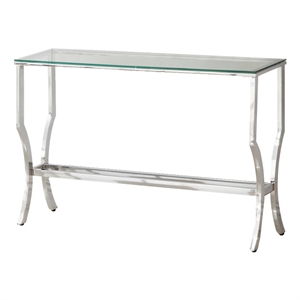 glass top sofa table with metal frame and mirror shelf in chrome
