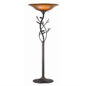3 way glass shade torchiere lamp with pine and twig accents in bronze