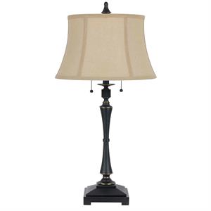 metal body table lamp with fabric tapered bell shade in beige and black