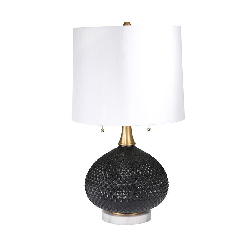 27 Inch Glass Table Lamp with Round Base and Carved Diamond Pattern in Black