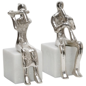 metal sitting musicians accent decor with marble base a set of 2 in silver