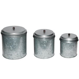 Galvanized Metal Lidded Canister With Ribbed Pattern a Set of Three in Gray