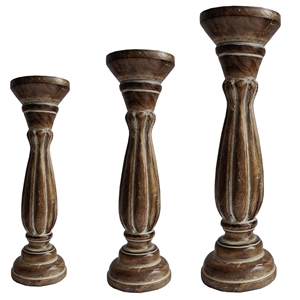 Wooden Candle Holder with Pillar Base Support in Distressed Brown a Set of 3
