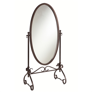 oval shaped metal cheval mirror with scrollwork base in brown and clear