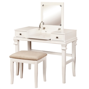 wooden vanity set with flip top mirror and 2 drawers  in  white and beige