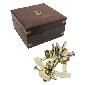 Nautical Brass Sextant With Anchor Inlaid Wooden Box in Brown and Gold