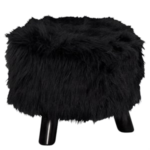 faux fur upholstered wooden foot stool with 3 leg support in black