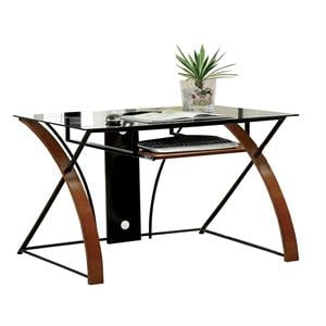 glass top computer desk with z shaped metal legs in brown and black