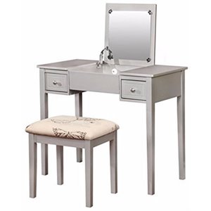 wooden vanity with flip top mirror and cushioned stool in gray and beige