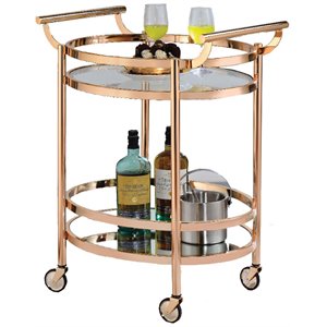 oval metal serving cart in clear glass & copper