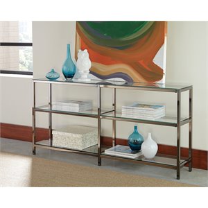 industrial metal bookcase with glass shelves in silver