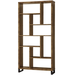 metal and wood modern style bookcase with multiple shelves in brown
