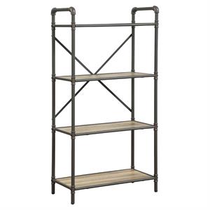 three tier metal bookshelf with wooden shelves in oak brown & gray