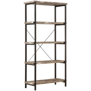 rustically designed wood bookcase with 4 open shelves in black frame