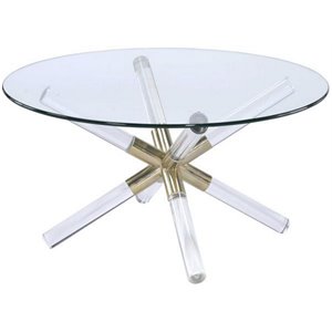 mirrored round coffee table with metal crossed feet in clear