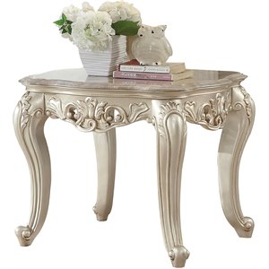 Traditional Style Marble Top End Table with Poly Resin Engravings inGold