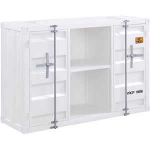 industrial metal server with 2 door cabinet and 2 open shelves in white