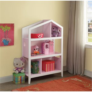 cottage style wooden kids bookcase with five open shelves in pink and white