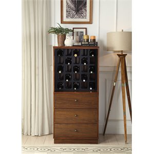 wooden wine cabinet with wine bottle rack and three drawers in brown and black
